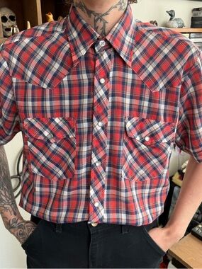 Vintage 80s Plaid Pearl Snap S/S Western by BJ-R ~ Size Medium
